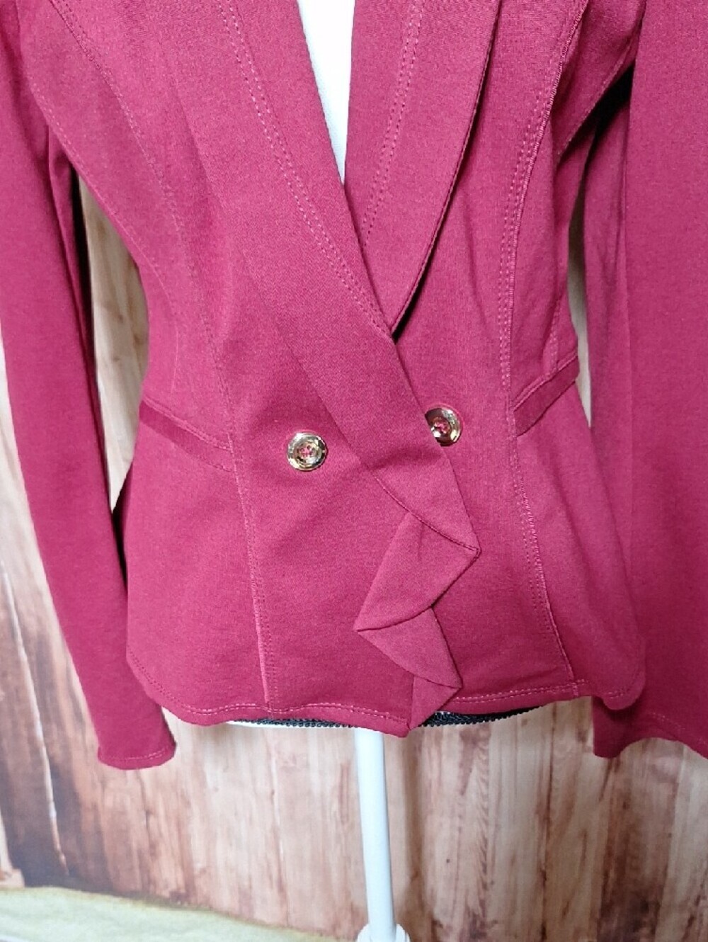 White House Black Market Raspberry Double-Breasted Ruffle-Front Blazer - Picture 3 of 14